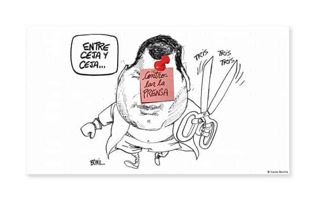 Caricatura de Xavier "Bonil" Bonilla sobre la lucha del mandatario Rafael Correa contra la prensa ecuatoriana. Publicada en El Universo