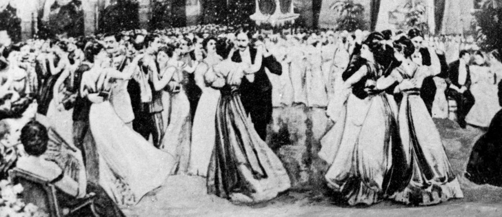 Un baile con hombres vestidos aparejados con hombres vestidos de traje de  un amplio lado titulado 'Los 41 maricones encontrastes en un baile de la  Calle de la Paz el 20 de Noviembre de 1901' 1901 José Guadalupe Posada Este  amplio lado representa