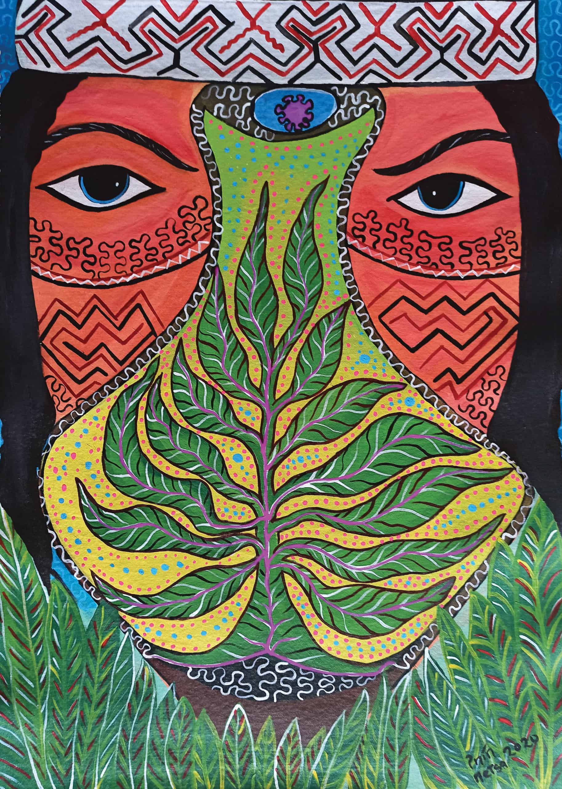 Las plantas, nuestro oxígeno (2020), pintura de Inin Metsa, de la comunidad amazónica shipibo-konibo en Perú.