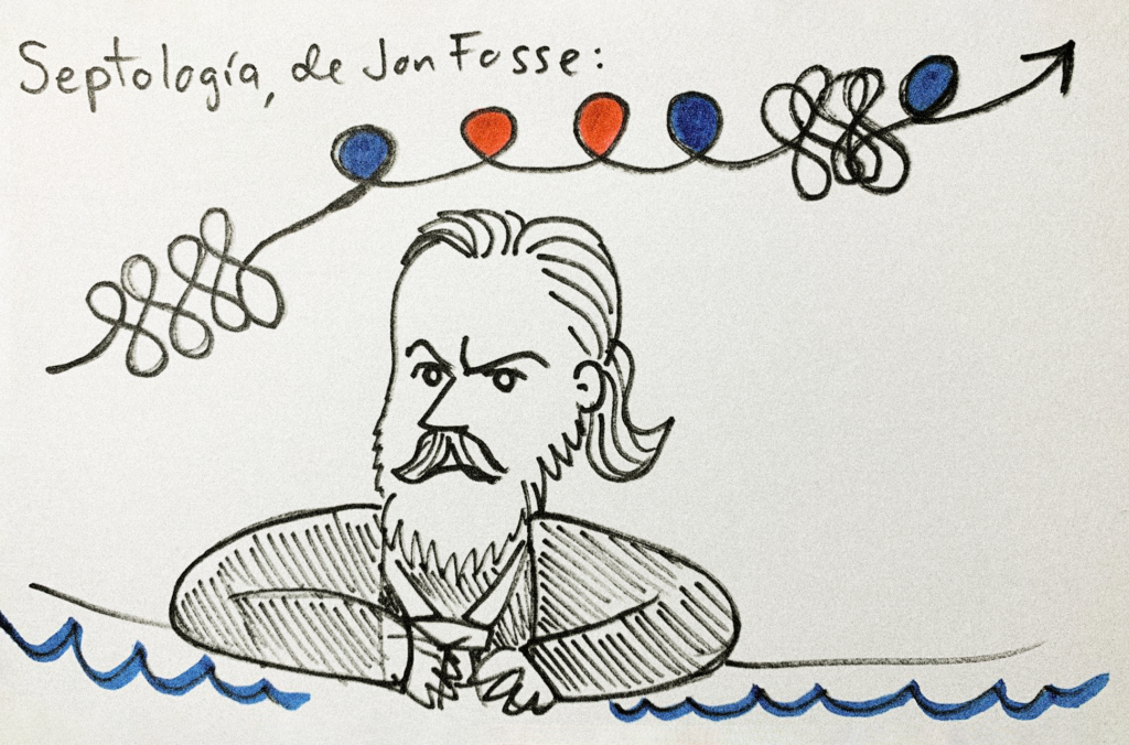 Martín Solares dibuja la trama del libro Septología (2019), de Jon Fosse, como si fueran largas olas. 